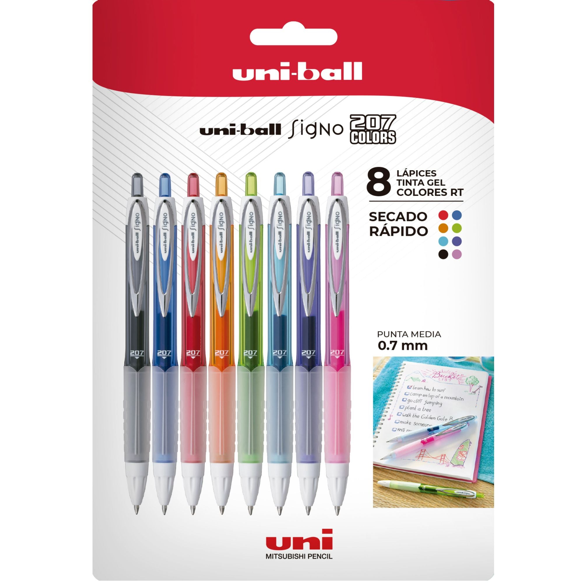 Lápices Gel Uniball Retráctiles Signo 207F x8 Colores